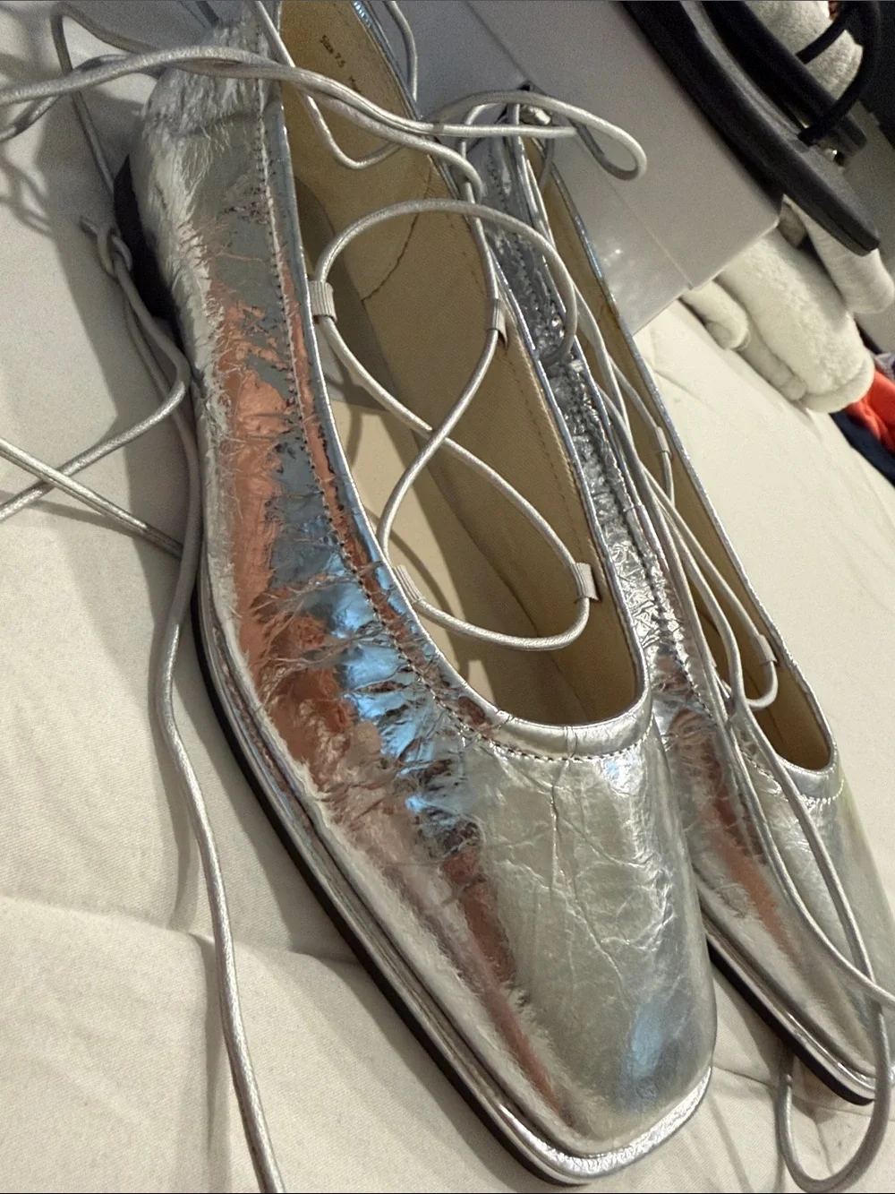 Metallic Silver Lace-Up Ballet Flats
